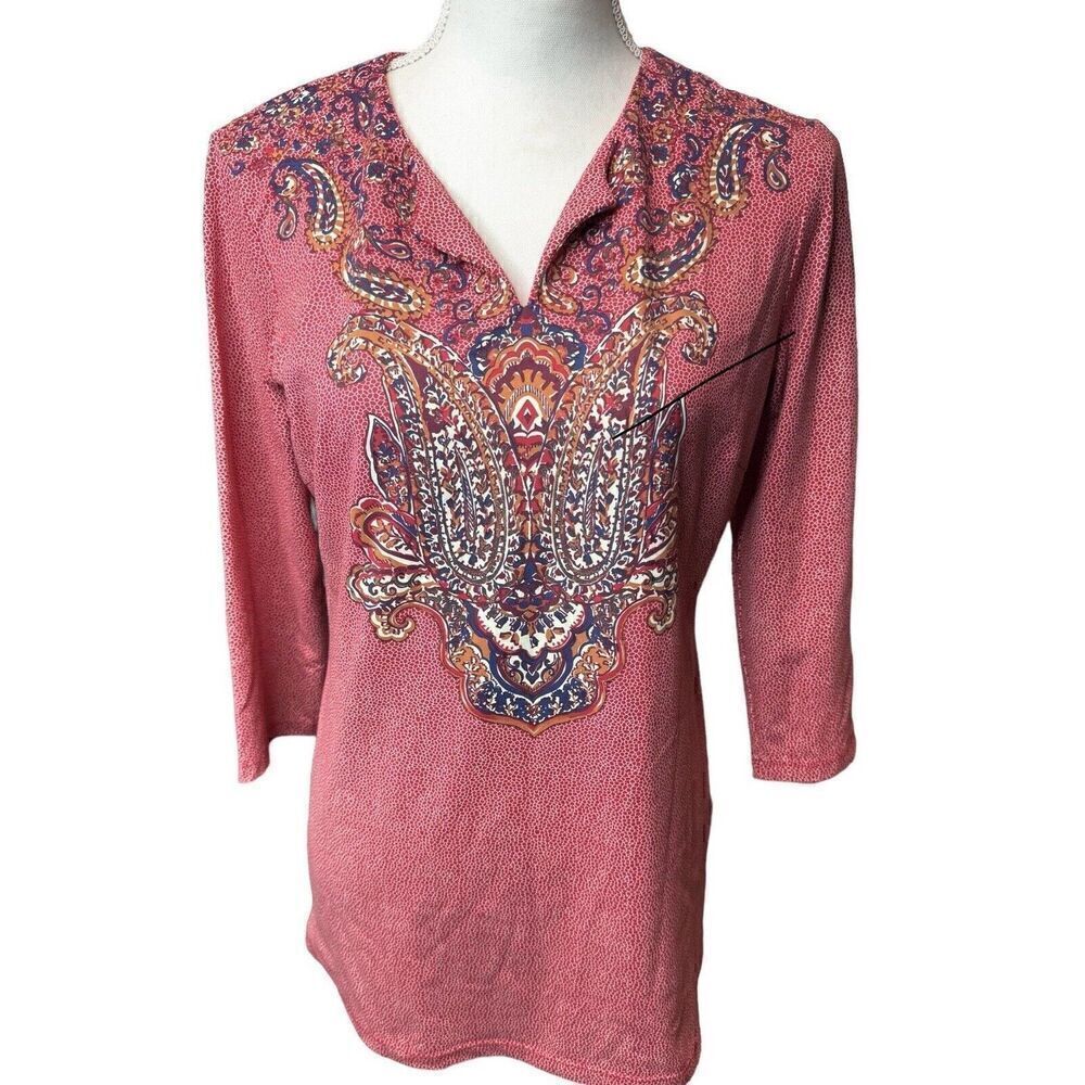 J. McLaughlin Red Paisley V-Neck 3/4 Sleeve Catalina Cloth Top Size Medium